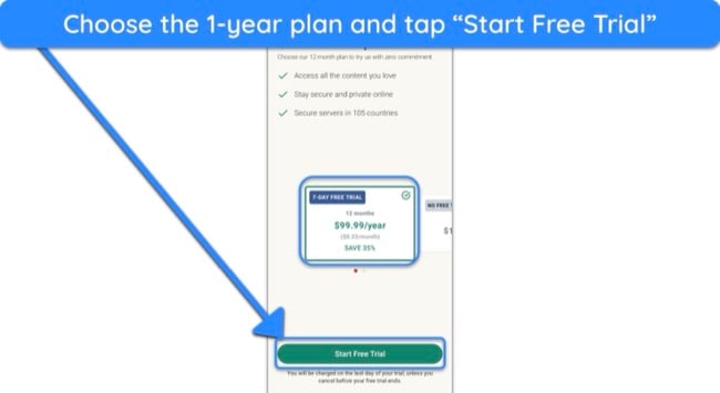 Screenshot showing how to begin your ExpressVPN trial after choosing the 1-year plan