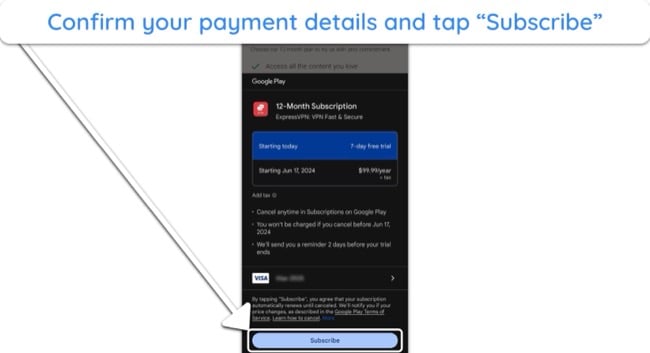 Screenshot of payment detail confirmation before starting ExpressVPN's free trial