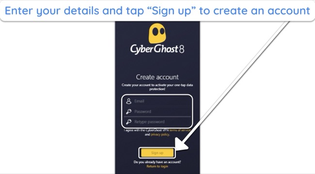 Screenshot showing how to create a new CyberGhost account