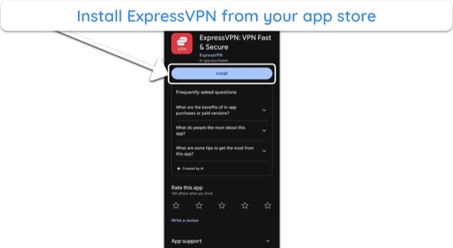 Screenshot showing how to install ExpressVPN from the Google Play store