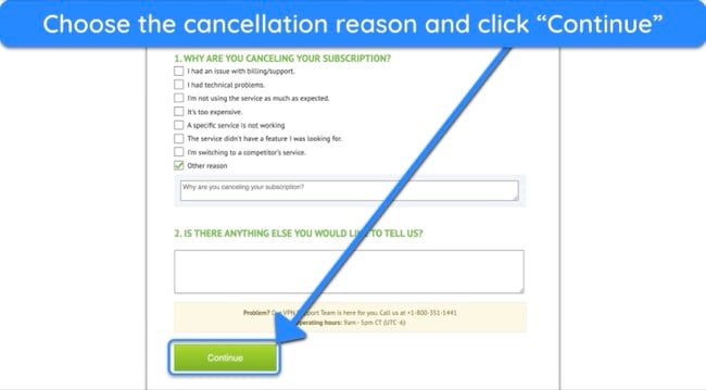 Screenshot showing how to finalize your IPVanish subscription cancellation before getting a refund.