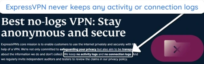 Screenshot showing that ExpressVPN doesn't keep any activity or connection logs