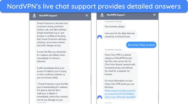 Screenshot showing a conversation with NordVPN's live chat support