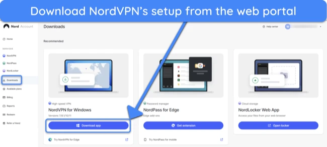Screenshot showing how you can get NordVPN's setup from its web portal