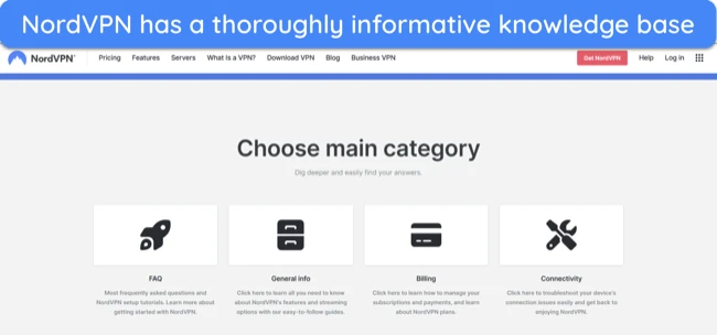 Screenshot showing NordVPN's knowledge base homepage