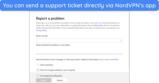 Screenshot of the ticketing feature available within NordVPN's apps