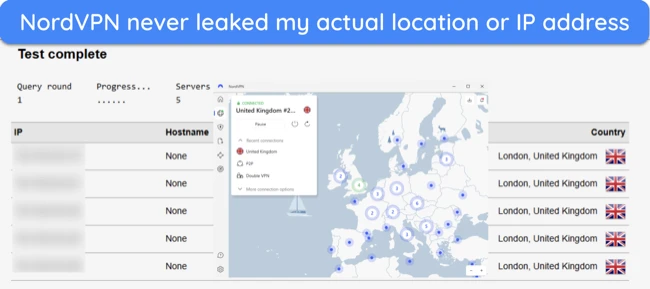 Screenshot of a leak test result while connected to NordVPN