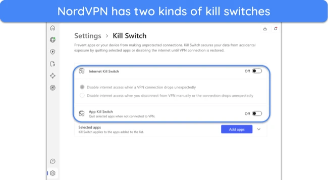 Screenshot of the kill switch options in NordVPN's settings menu
