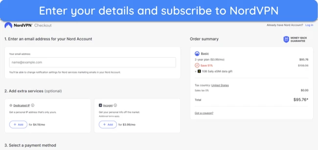 Screenshot showing how to subscribe to NordVPN after choosing a plan
