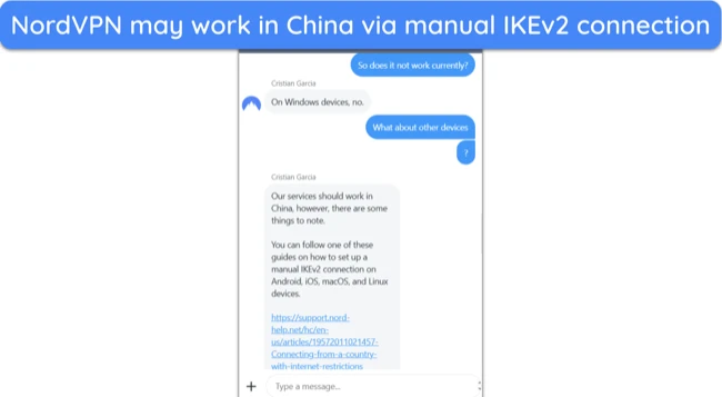 Screenshot of NordVPN support explaining how the VPN may work in China