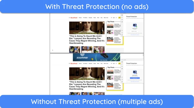 Screenshot showing a website loaded with and without NordVPN's Threat Protection