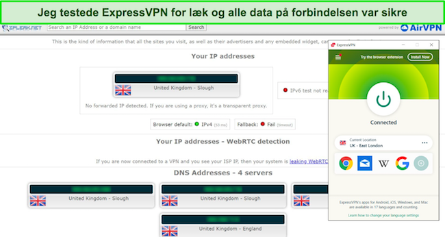 Skærmbillede af ExpressVPN, der bestod en lækagetest