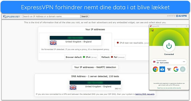 Billede af ExpressVPNs Windows-app forbundet til en britisk server, med resultaterne af en lækagetest, der ikke viser datalækager.