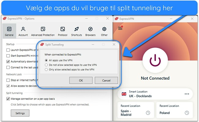 Billede af ExpressVPNs Windows-app, der viser funktionen opdelt tunneling.