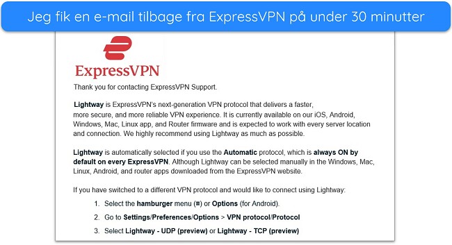 ExpressVPN support e-mail svar screenshot