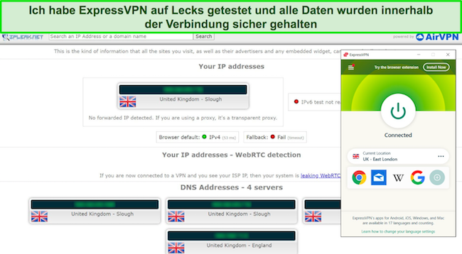 Screenshot von ExpressVPN, der einen Leak-Test besteht