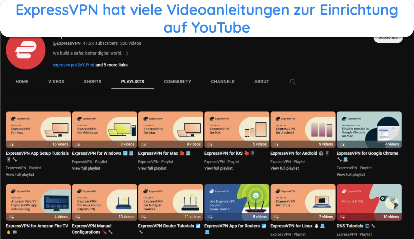 Bild des YouTube-Kanals von ExpressVPN mit den Videoanleitungen.