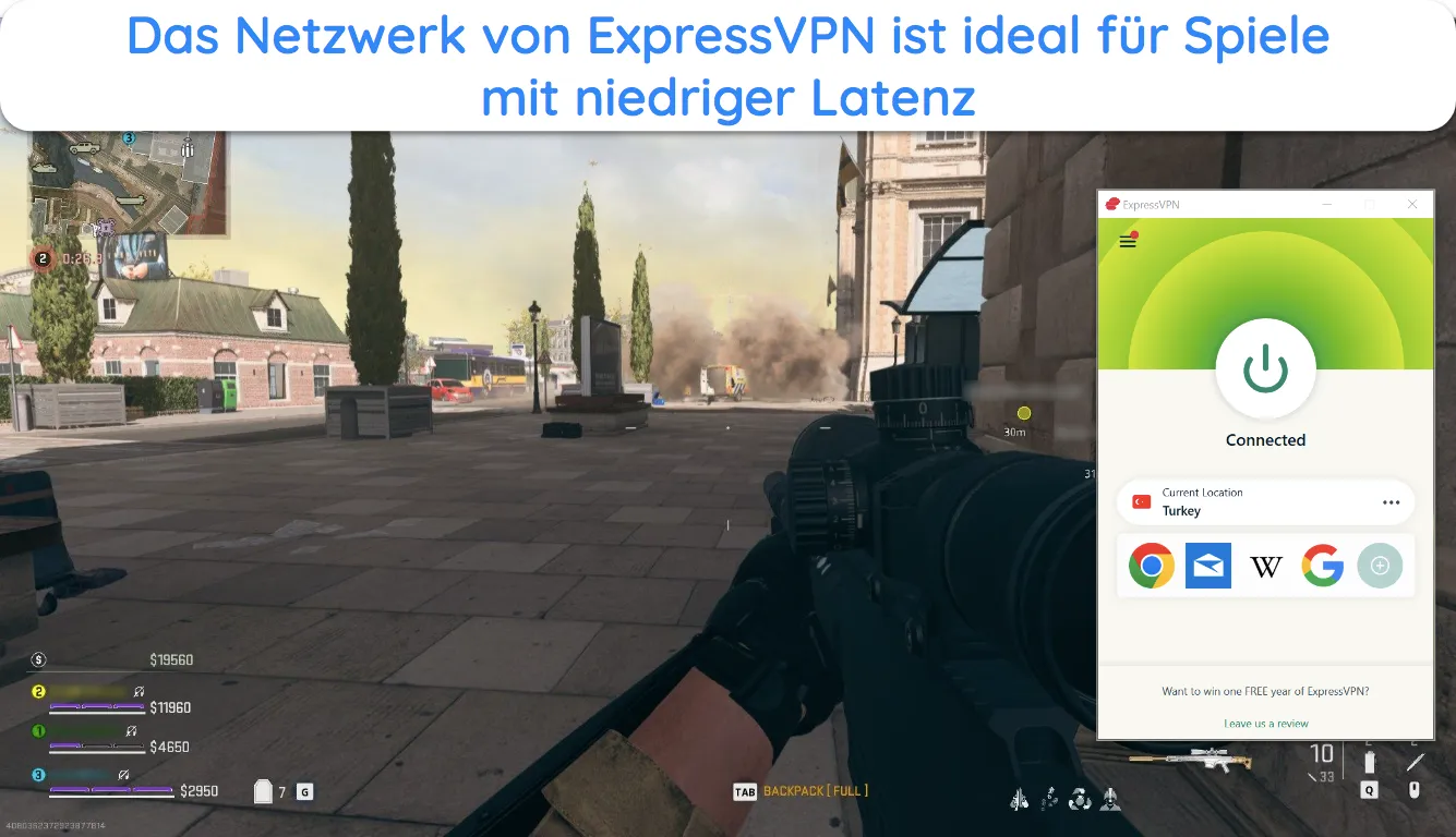 Bild eines laufenden Online-Spiels COD: Warzone, bei dem ExpressVPN mit einem Server in der Türkei verbunden ist.