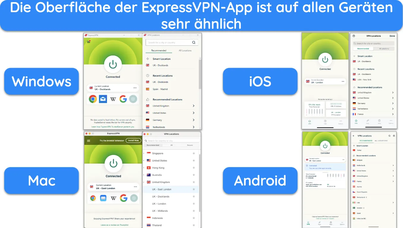 Die Apps von ExpressVPN sind auf allen Plattformen benutzerfreundlich.