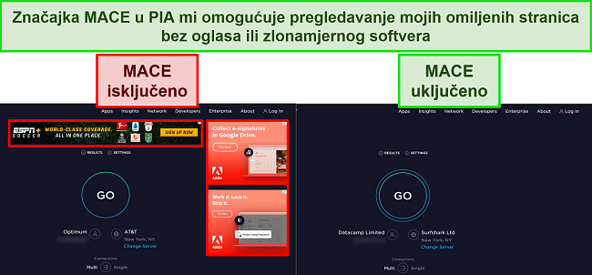 Screenshot PIA-ove značajke MACE koja uklanja oglase na web stranici.