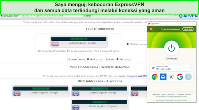 Tangkapan layar ExpressVPN lolos uji kebocoran