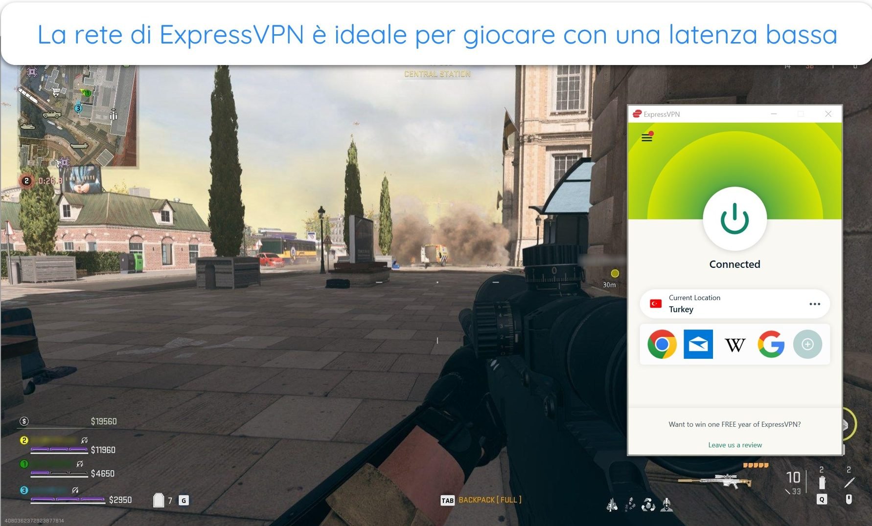 Immagine di un gioco online di COD: Warzone in corso con ExpressVPN connesso a un server in Turchia.