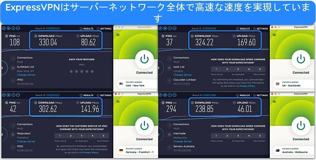 ExpressVPN を米国、英国、ドイツ、オーストラリアのサーバーに接続した場合の Ookla 速度テスト結果の画像