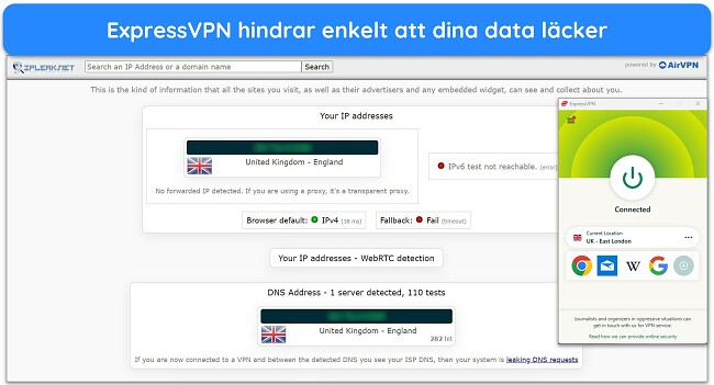 Bild av ExpressVPNs Windows-app ansluten till en brittisk server, med resultatet av ett läckagetest som inte visar några dataläckor.