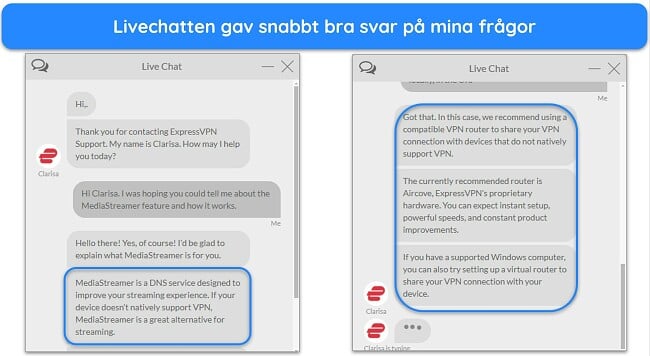 Bilder av ExpressVPNs livechatt, med en agent som svarar på frågor om MediaStreamer-funktionen.