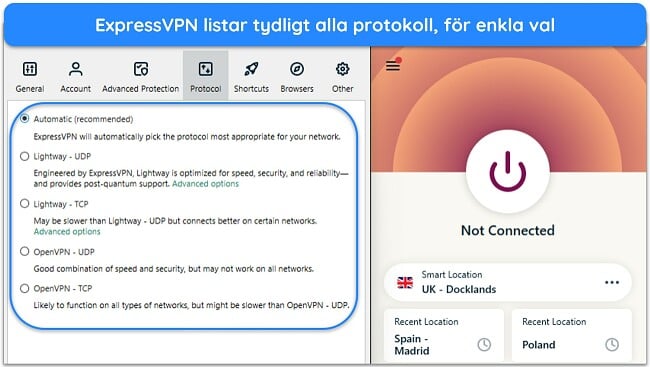 Bild av ExpressVPNs Windows-app, som visar tillgängliga protokoll i appen Alternativ.