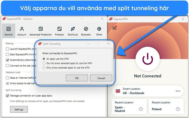 Bild på ExpressVPNs Windows-app, som visar funktionen för delad tunnel.