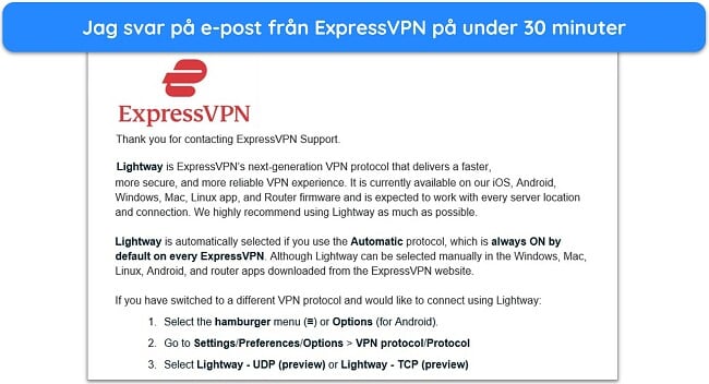 ExpressVPN stöder e-postsvar skärmdump