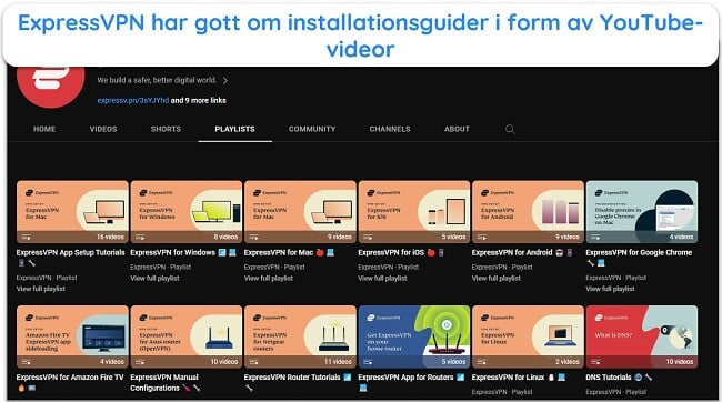 Skärmdump av ExpressVPNs YouTube-sida som visar alla installationsguider och videohandledningar