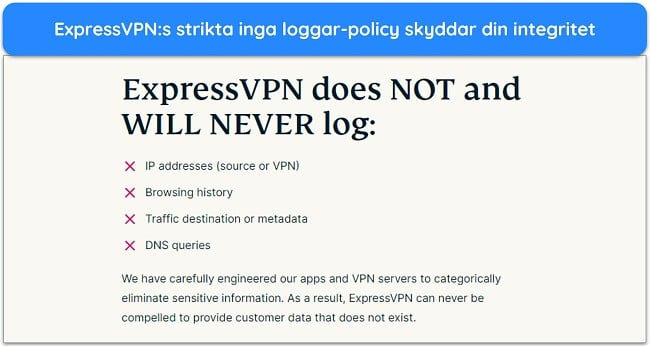 Bild på ExpressVPNs webbplats som anger att ExpressVPN inte kommer att logga personliga identifierbar data.