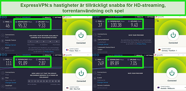 Skärmdumpar av ExpressVPN: s hastighetstestresultat när de är anslutna till olika servrar globalt