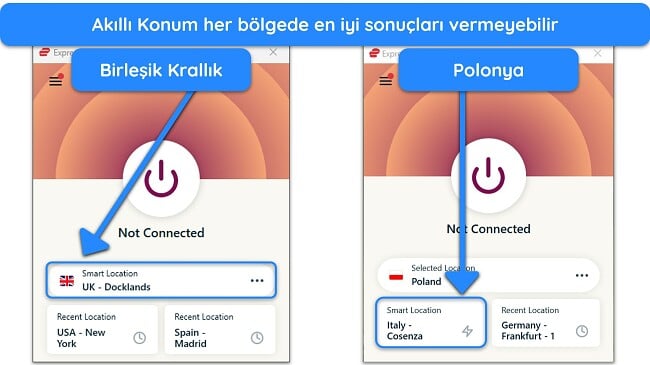 ExpressVPN'in Akıllı Konum özelliğini gösteren ekran görüntüsü