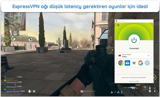 Türkiye'deki bir sunucuya bağlı ExpressVPN ile devam eden COD: Warzone çevrimiçi oyununun görüntüsü.