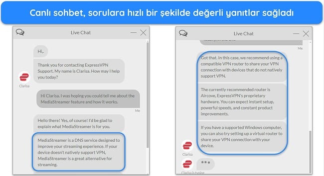 ExpressVPN'in MediaStreamer özelliği hakkındaki soruları yanıtlayan bir temsilciyle canlı sohbetinin görüntüleri.