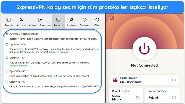 ExpressVPN'in Windows uygulamasının, uygulama Seçeneklerindeki kullanılabilir protokolleri gösteren görüntüsü.