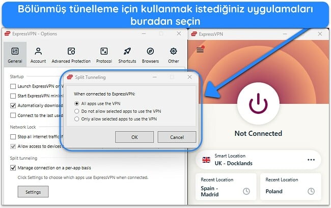 ExpressVPN'in Windows uygulamasının bölünmüş tünel özelliğini gösteren görüntüsü.