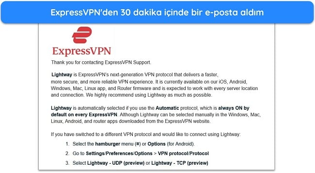 ExpressVPN desteği e-posta çıkışı ekran görüntüsü