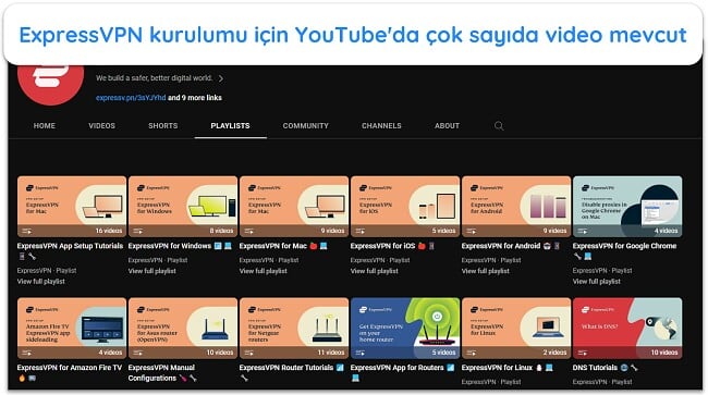 Tüm kurulum kılavuzlarını ve video eğitimlerini gösteren ExpressVPN'in YouTube sayfasının ekran görüntüsü