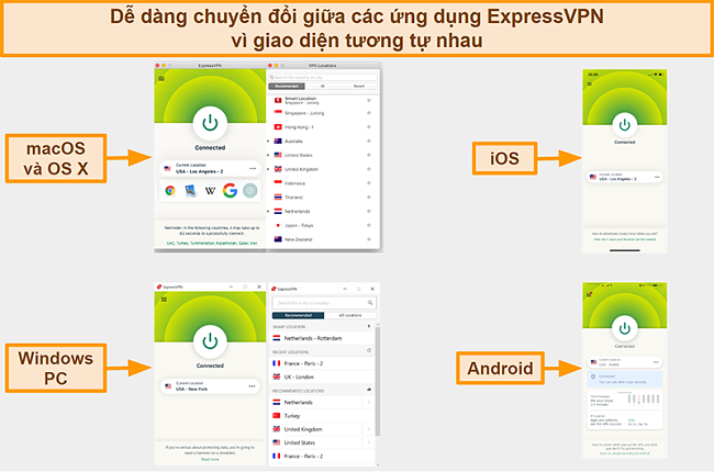 Ảnh chụp màn hình các giao diện ứng dụng của ExpressVPN dành cho Windows, Android, Mac và iPhone