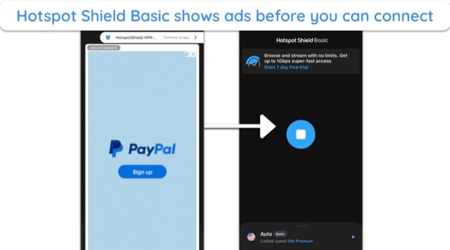 screenshots of Hotspot Shield's Basic plan on iPhone, showing a pop-up ad.