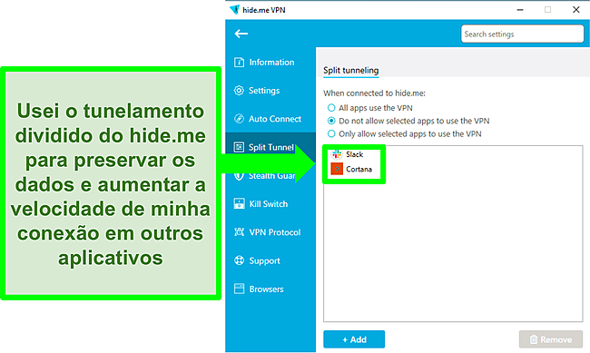 Captura de tela da tela de configurações do Hide.me mostrando a guia Split Tunnel.