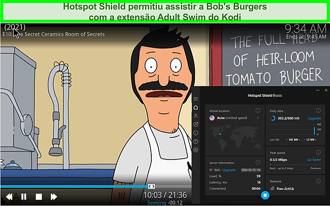 Captura de tela de Bob's Burgers jogando no Kodi enquanto o Hotspot Shield está conectado a um servidor nos EUA.