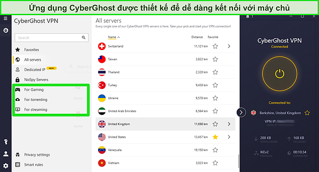 Ảnh chụp màn hình của ứng dụng CyberGhost Windows hiển thị danh sách máy chủ được tối ưu hóa để phát trực tuyến, torrent và chơi game.