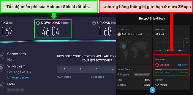 Ảnh chụp màn hình Hotspot Shield miễn phí được kết nối với máy chủ ở Mỹ, với kết quả kiểm tra tốc độ Ookla cho thấy tốc độ tải xuống tốt.