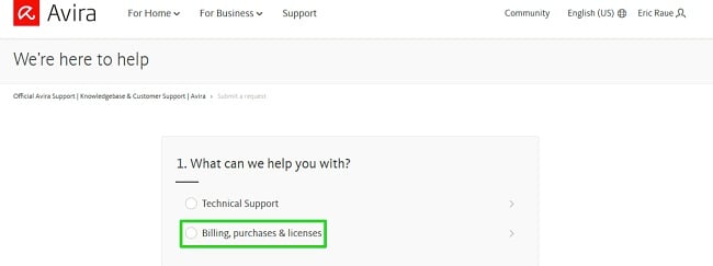 Screenshot of Avira's support options page