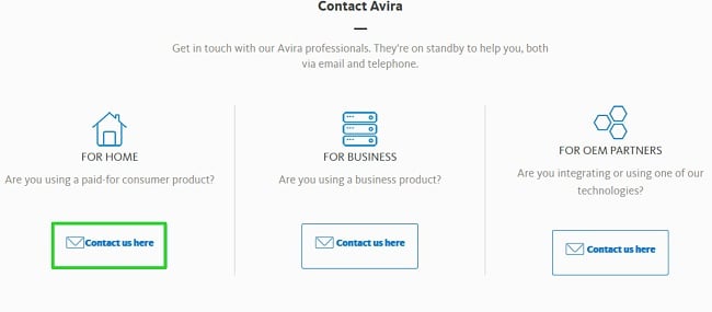 Screenshot of Avira's support options page